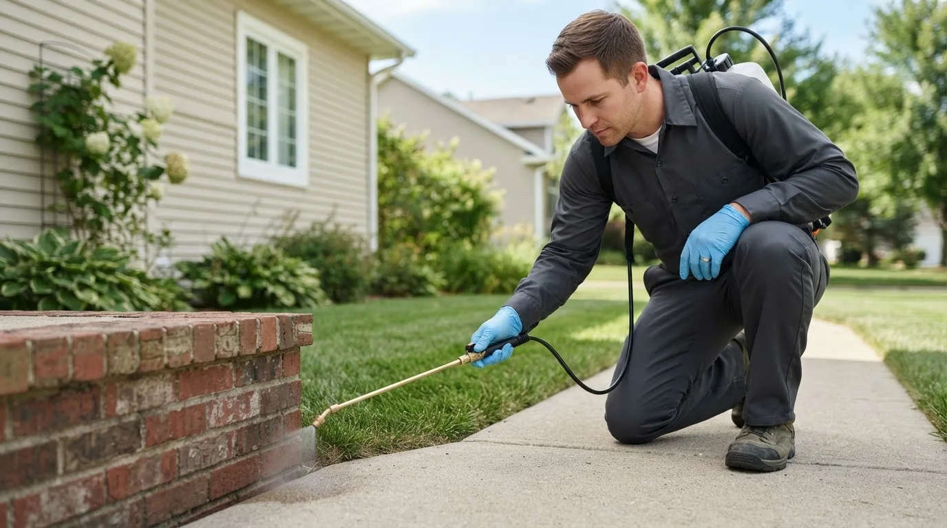Pest control technician treating a home near Thorntown, IN