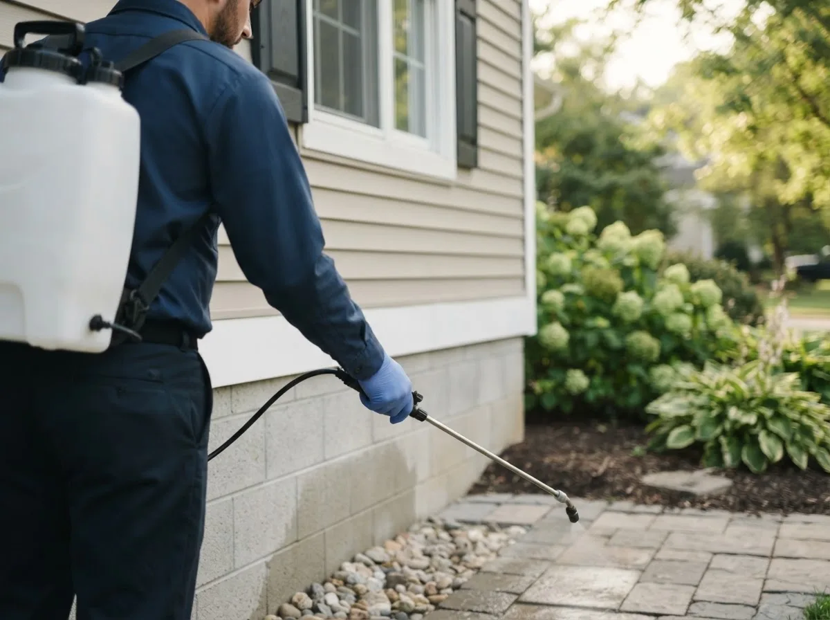 Pest control technician inspecting a home in Thorntown, IN